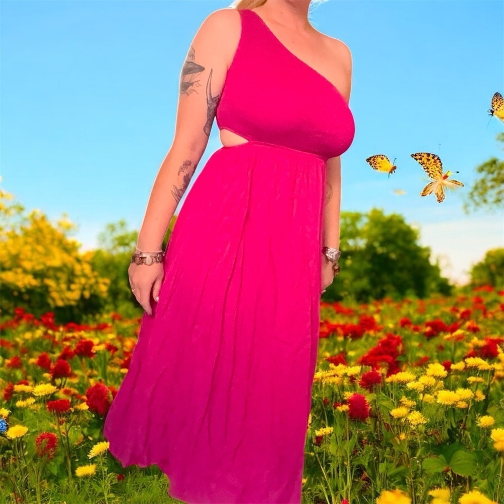 Anrabess One-Shoulder Hot Pink Sleeveless Midi Dress Medium Babydoll Y2K